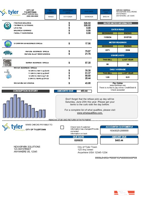 USA Tyler Technologies business utility bill template in Word and PDF formats